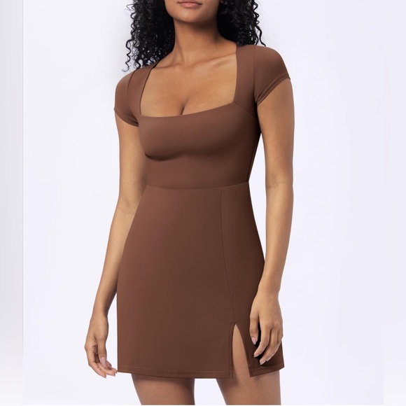 Women's Square Neck Short Sleeve Mini Dress Y2K Party Club Side Slit Stretchy - Picture 2 of 7